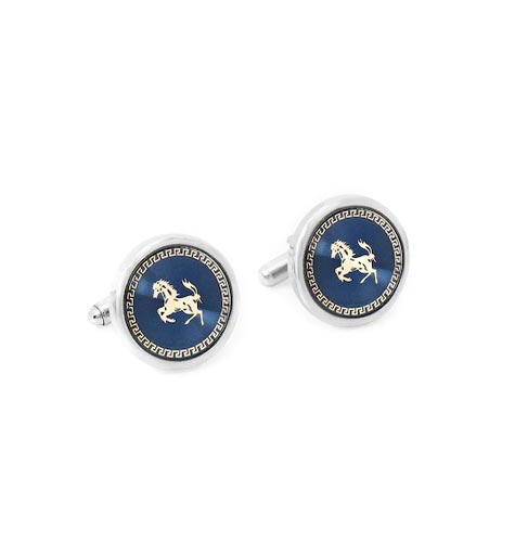 Navy Blue & Silver-Toned Round Cufflinks